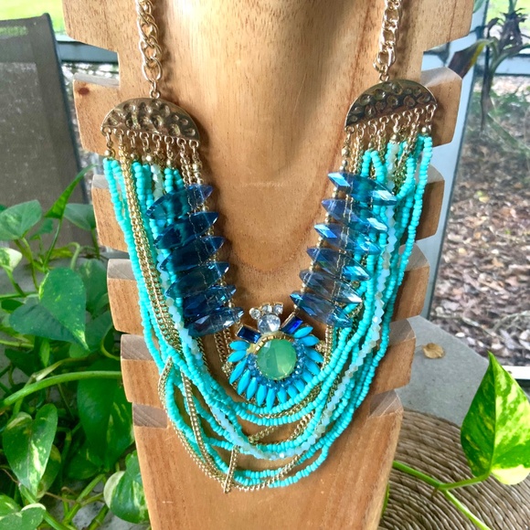 Bold Statement Necklace Multi Strand DRAMATIC VINTAGE 1980s TURQUOISE BLUES NWOT - Picture 15 of 15